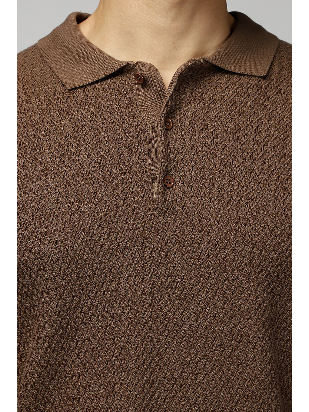 Kahverengi Polo Yaka Regular Fit Desenli Pamuklu Triko Kazak-5