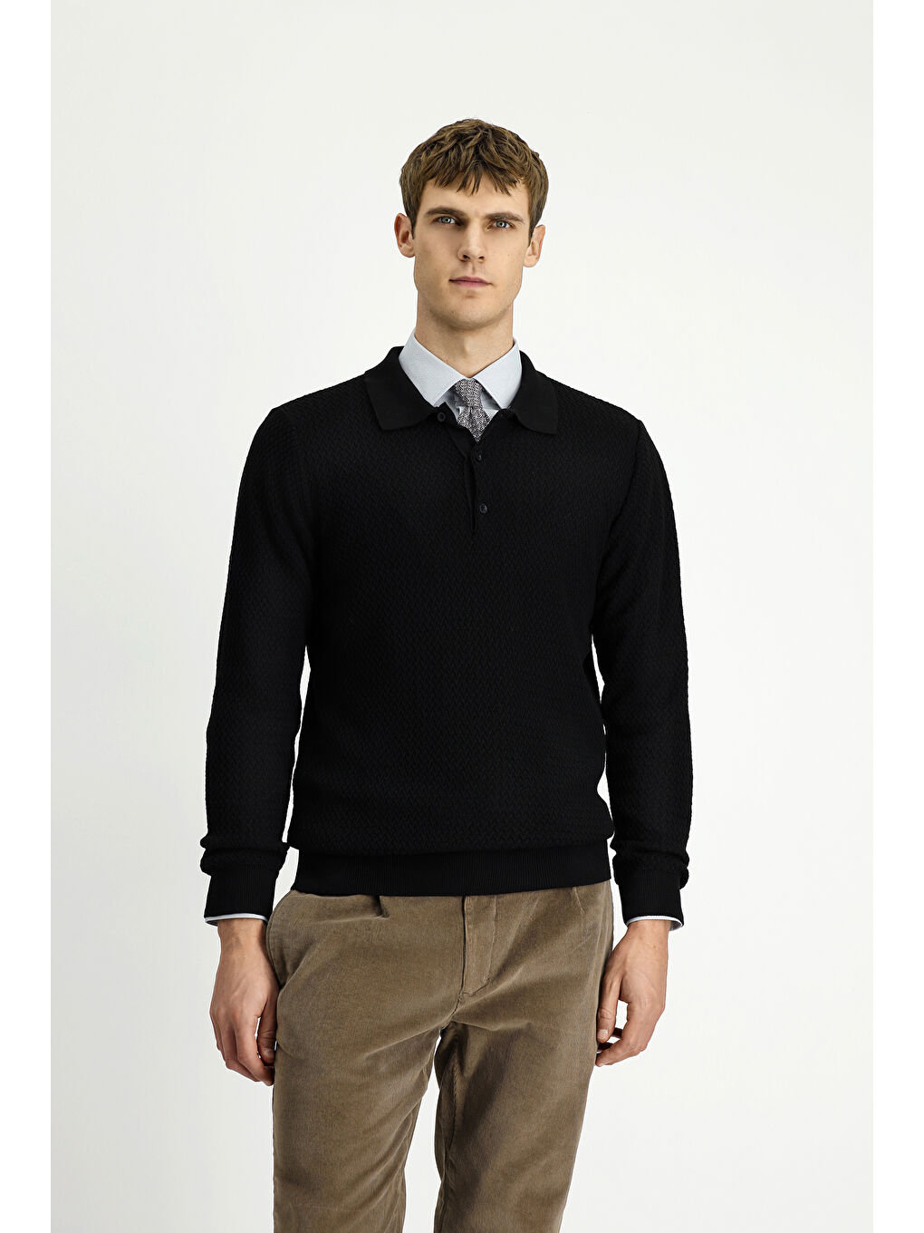 Siyah Polo Yaka Regular Fit Desenli Pamuklu Triko Kazak