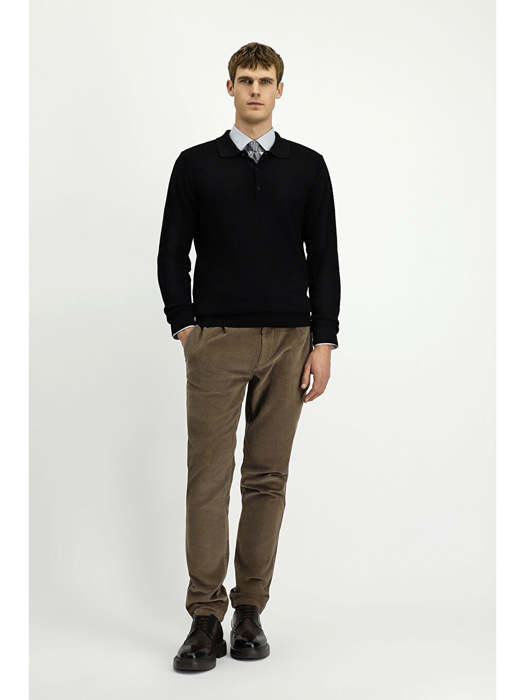 Siyah Polo Yaka Regular Fit Desenli Pamuklu Triko Kazak-1