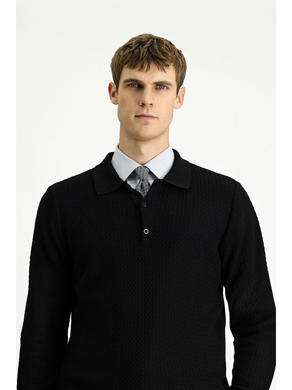 Siyah Polo Yaka Regular Fit Desenli Pamuklu Triko Kazak-2