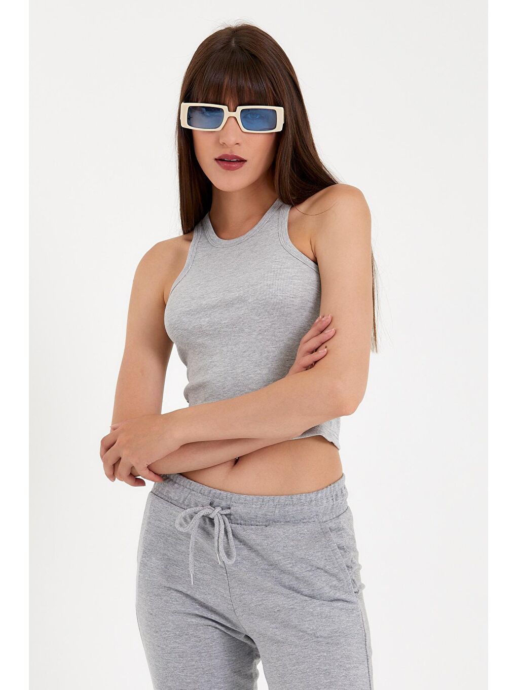 Gri Kadın Crop Örme Arkası Yüksek Yaka Slim Fit Atlet-Tişort SPR21Y11-1