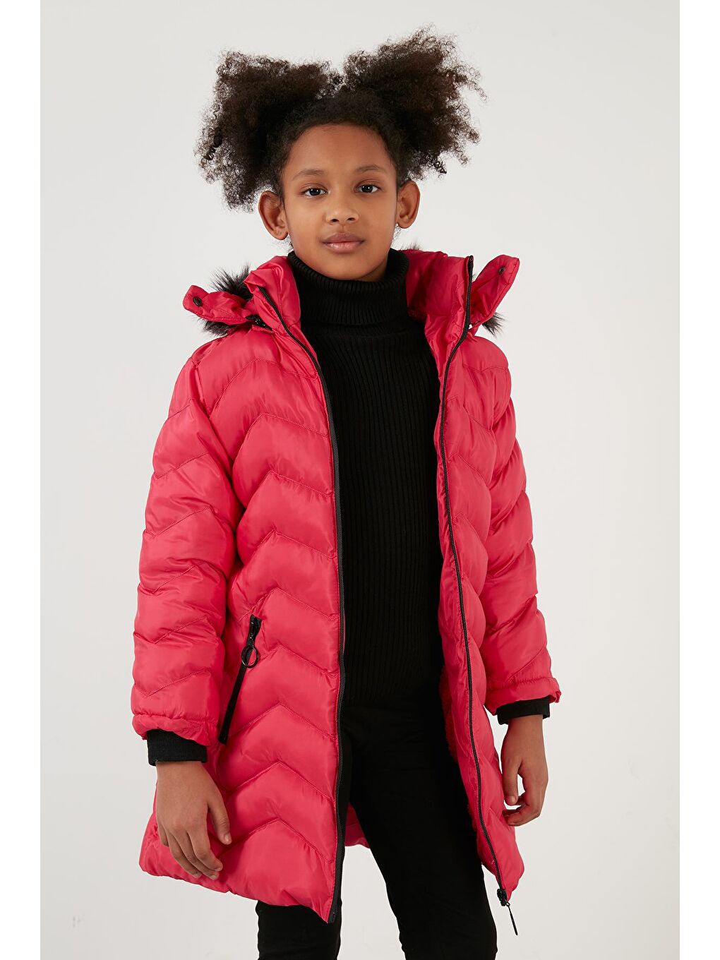 Pembe Peluş Astarlı Yakası Suni Kürklü Çıkarılabilir Kapüşonlu Kışlık Mont 5766041-2