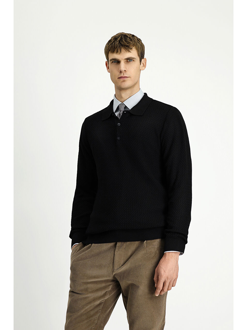 Siyah Polo Yaka Regular Fit Desenli Pamuklu Triko Kazak-3