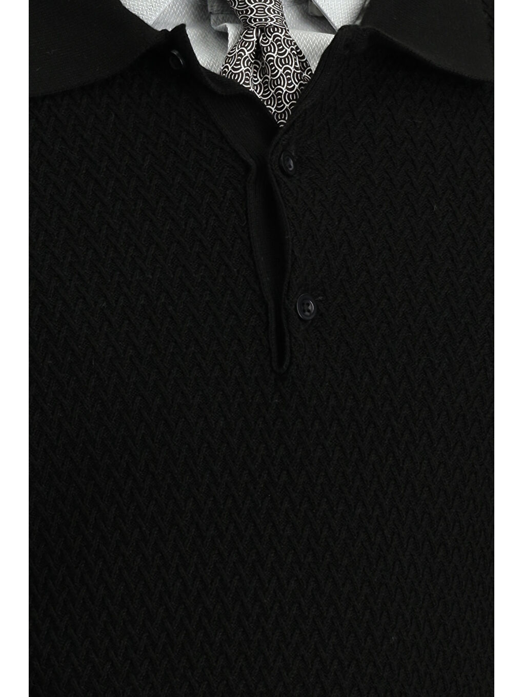 Siyah Polo Yaka Regular Fit Desenli Pamuklu Triko Kazak-5