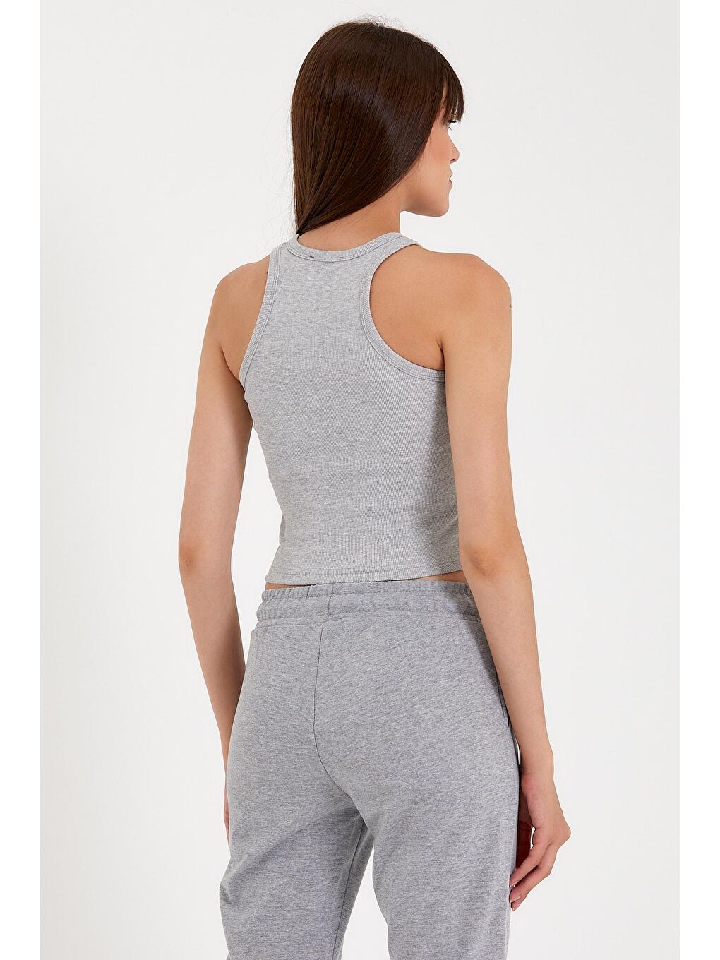 Gri Kadın Crop Örme Arkası Yüksek Yaka Slim Fit Atlet-Tişort SPR21Y11-2