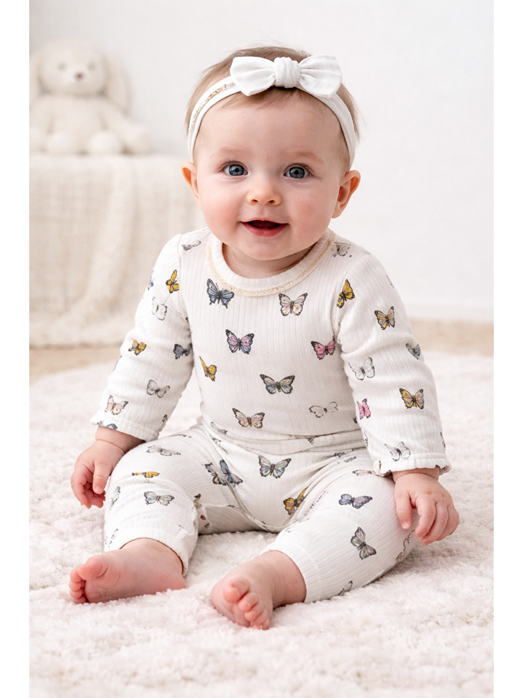 Beyaz Kız Bebek Kelebek Desenli Dantelli Balon Kollu Çıtçıtlı 3lü Takım Set Saç Bantlı-1