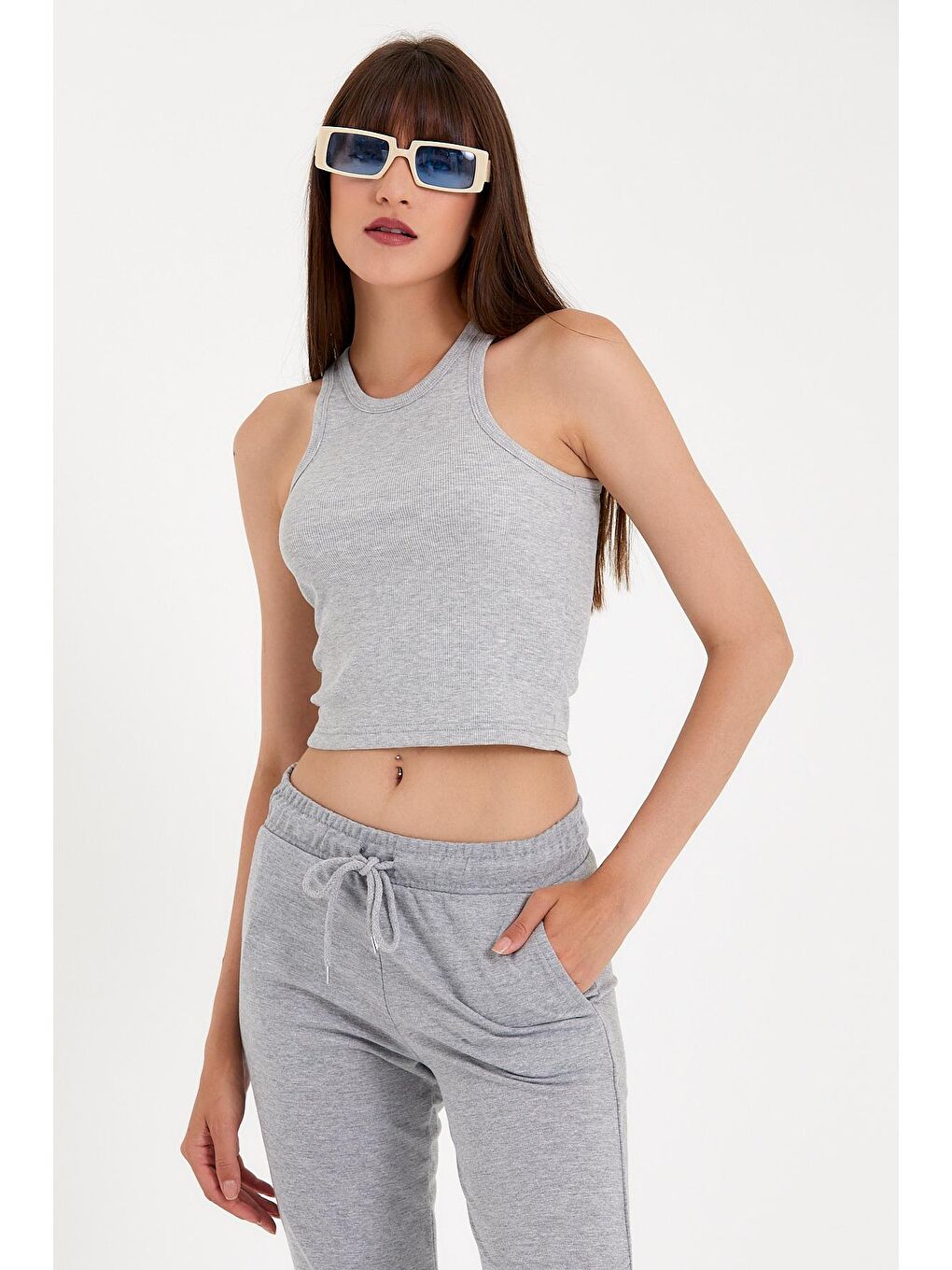Gri Kadın Crop Örme Arkası Yüksek Yaka Slim Fit Atlet-Tişort SPR21Y11-3