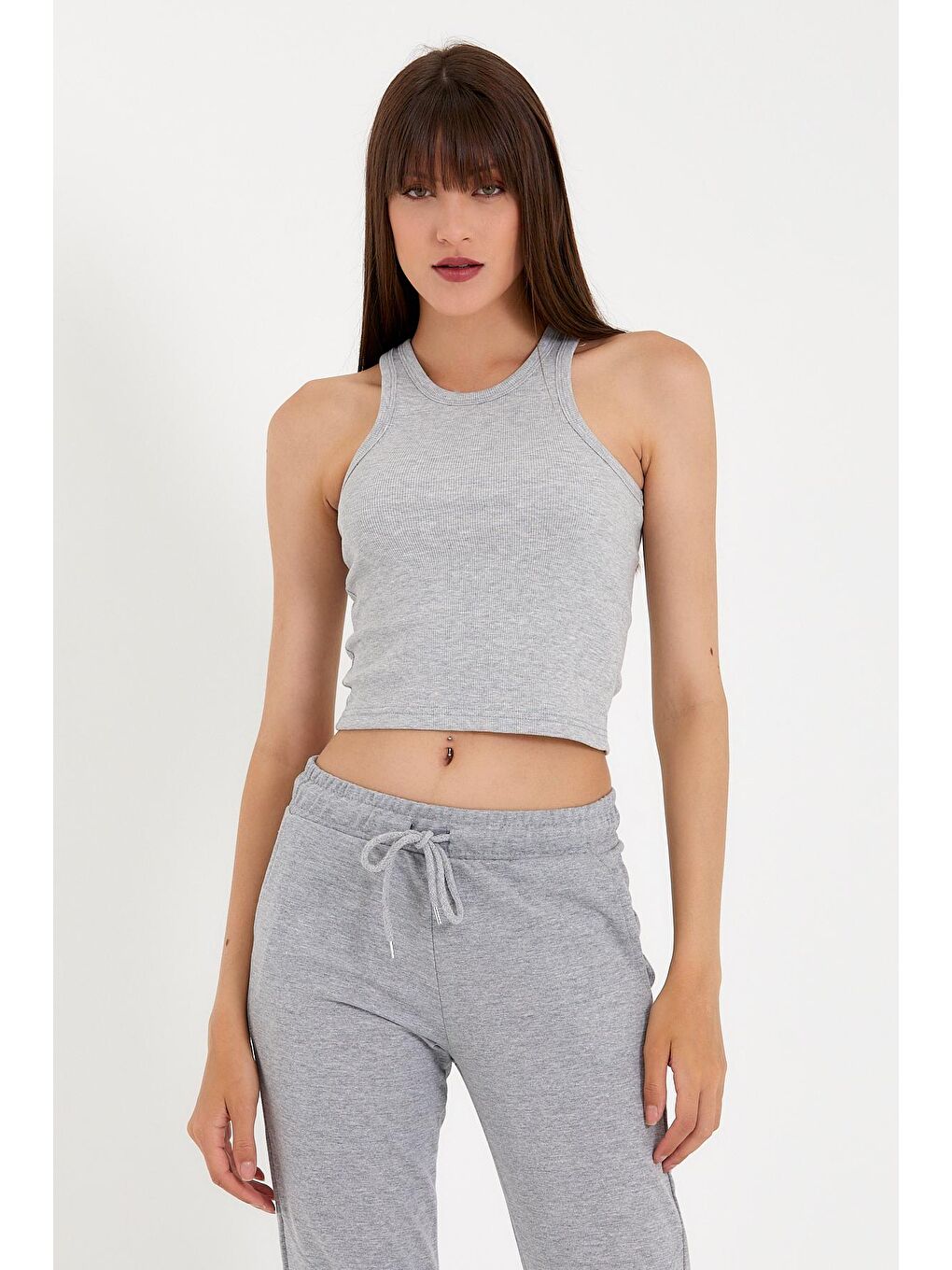 Gri Kadın Crop Örme Arkası Yüksek Yaka Slim Fit Atlet-Tişort SPR21Y11-4