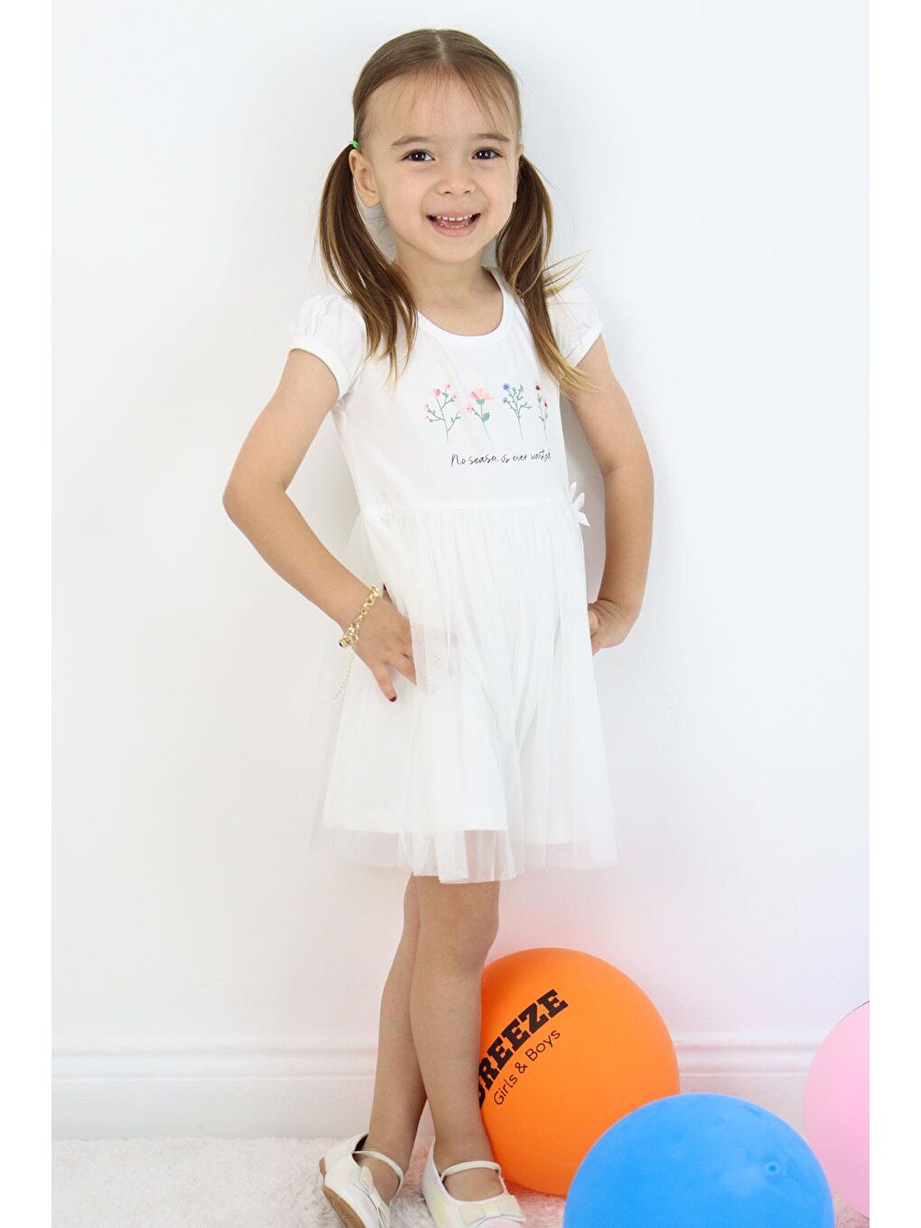 Kız Çocuk Elbise Çiçek Baskılı Tüllü Fiyonk Detaylı Ekru (1.5-5 Yaş)-1