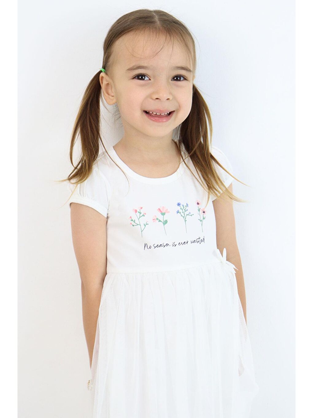 Kız Çocuk Elbise Çiçek Baskılı Tüllü Fiyonk Detaylı Ekru (1.5-5 Yaş)-2