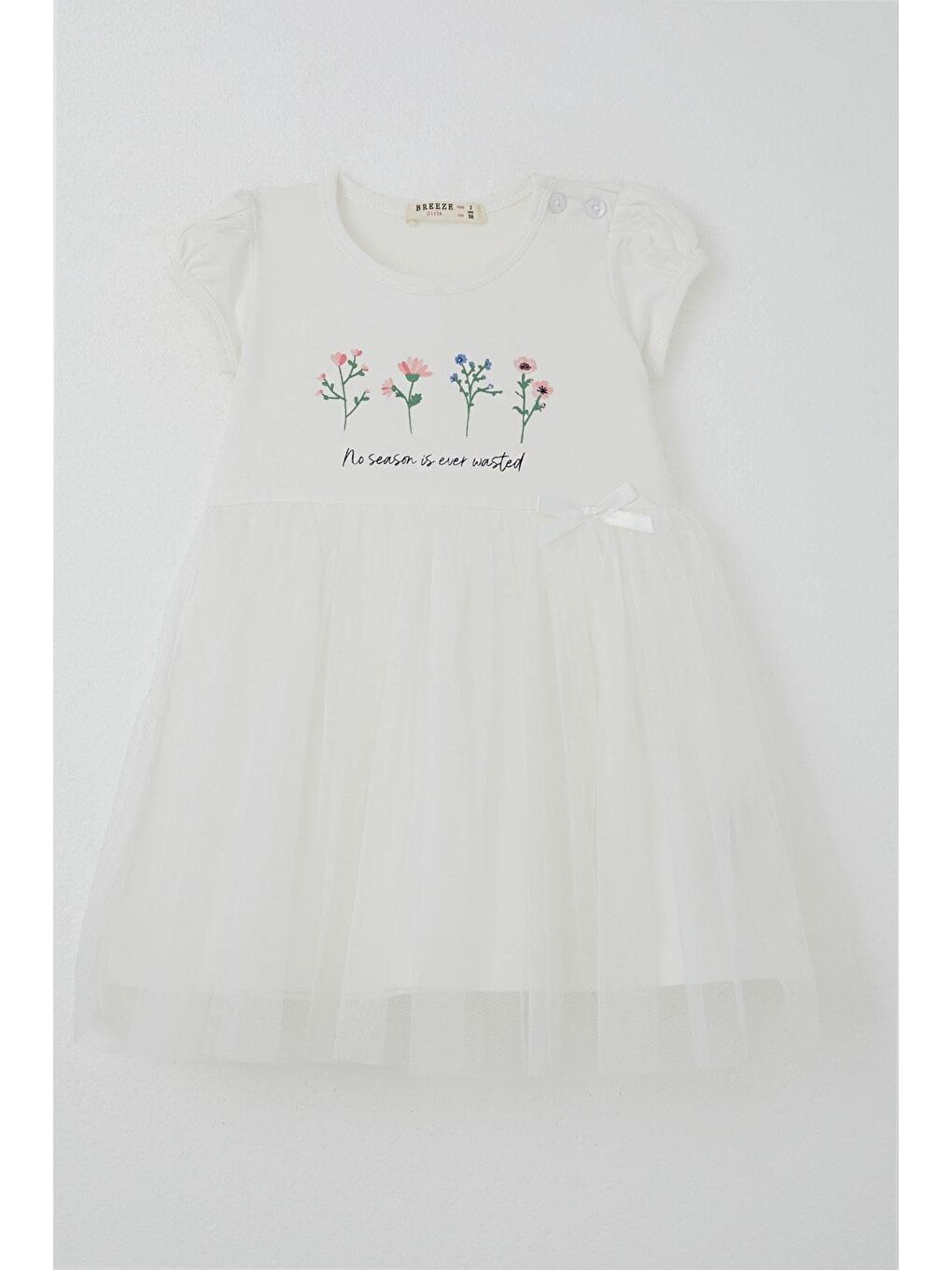 Kız Çocuk Elbise Çiçek Baskılı Tüllü Fiyonk Detaylı Ekru (1.5-5 Yaş)-3