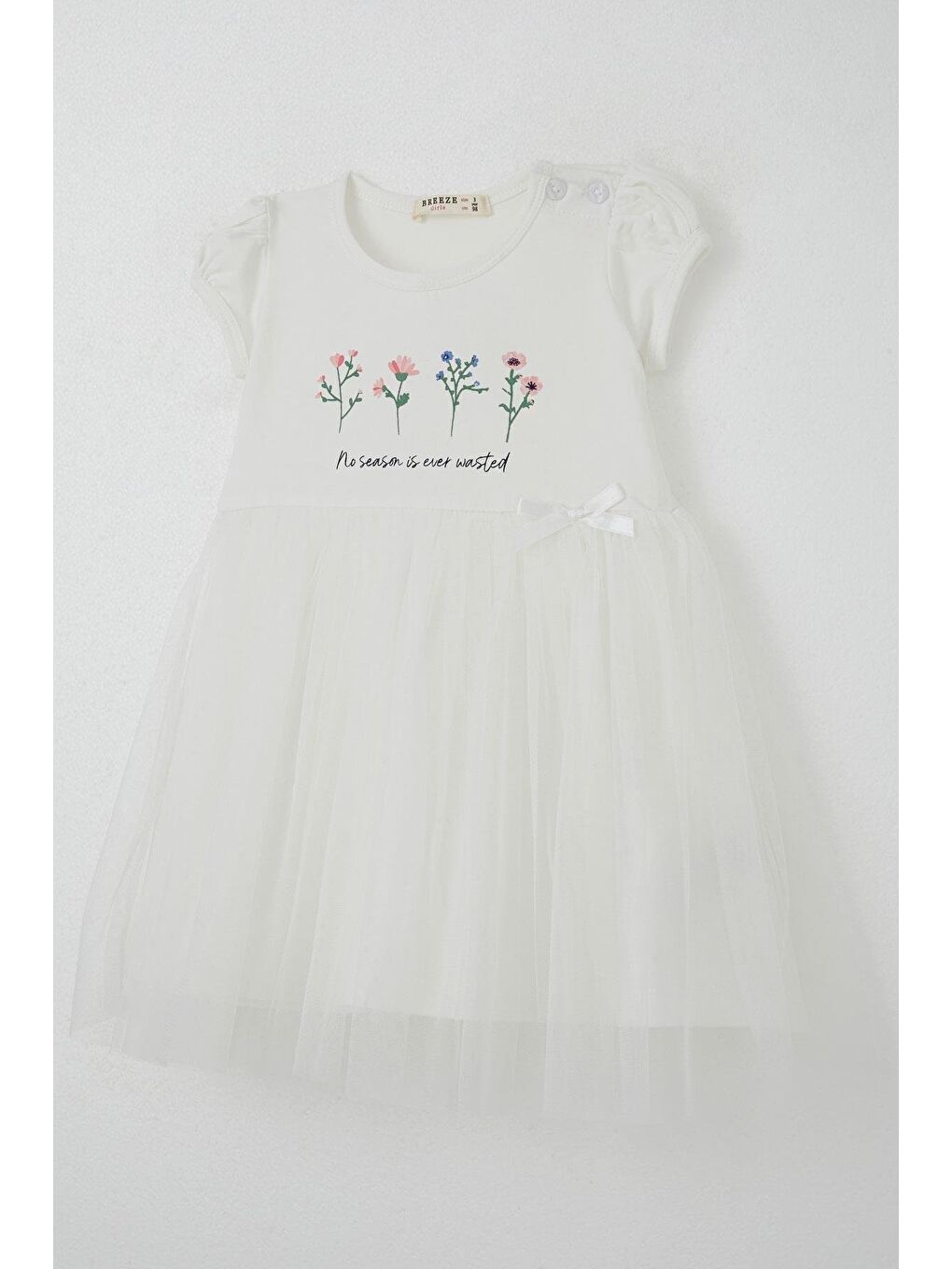 Kız Çocuk Elbise Çiçek Baskılı Tüllü Fiyonk Detaylı Ekru (1.5-5 Yaş)-5
