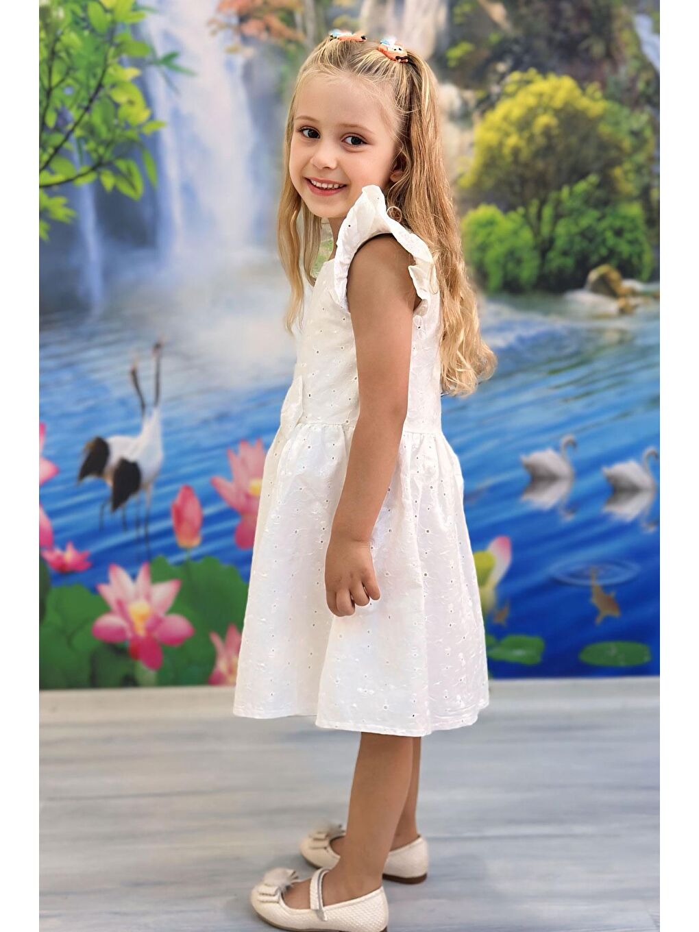 Kız Çocuk Elbise Çiçek Nakışlı Fiyonk Aksesuarlı Ekru (2-6 Yaş)-1