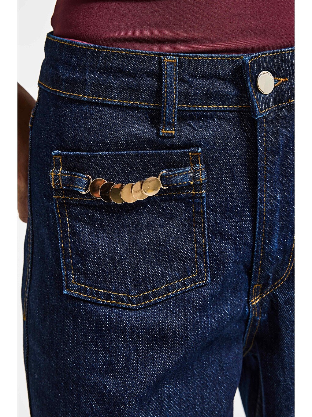 Kadın İndigo 7s6-50 Midrise Wide Leg Fit Viskon Kumaş Aksesuar Detaylı Denim Jean-2