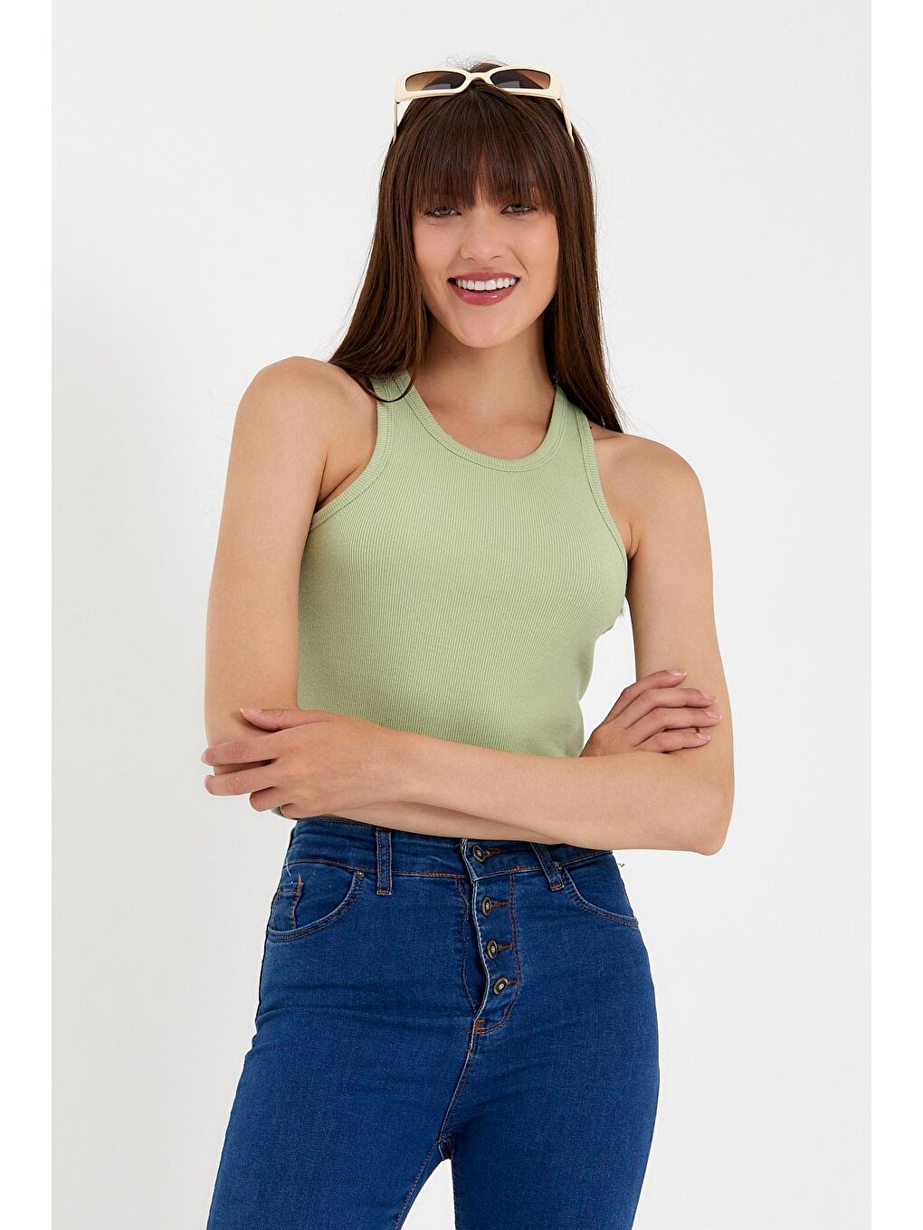 Turkuaz Kadın Crop Örme Arkası Yüksek Yaka Slim Fit Atlet-Tişort SPR21Y11