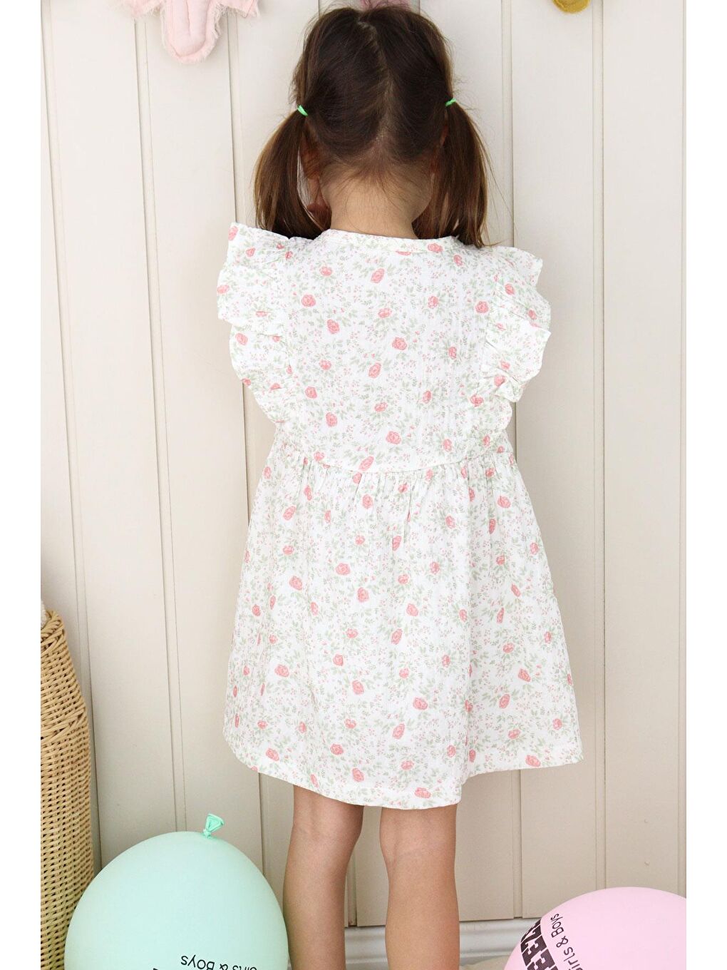 Kız Çocuk Elbise Çiçek Desenli Önden Düğme Detaylı Ekru (2-6 Yaş)-1