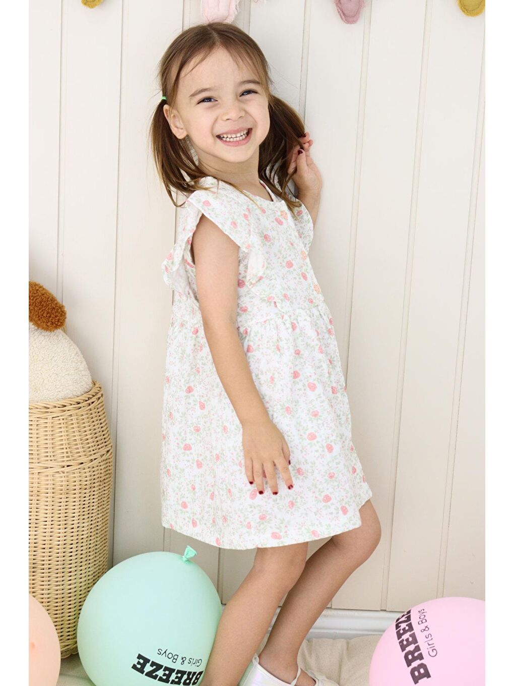 Kız Çocuk Elbise Çiçek Desenli Önden Düğme Detaylı Ekru (2-6 Yaş)-2