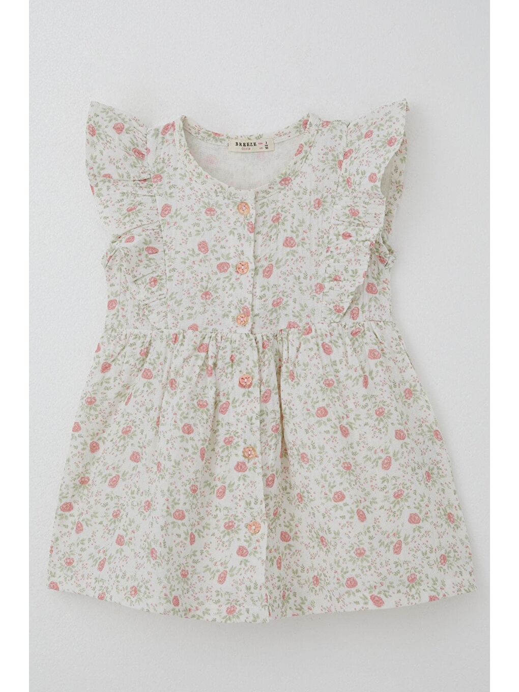 Kız Çocuk Elbise Çiçek Desenli Önden Düğme Detaylı Ekru (2-6 Yaş)-3
