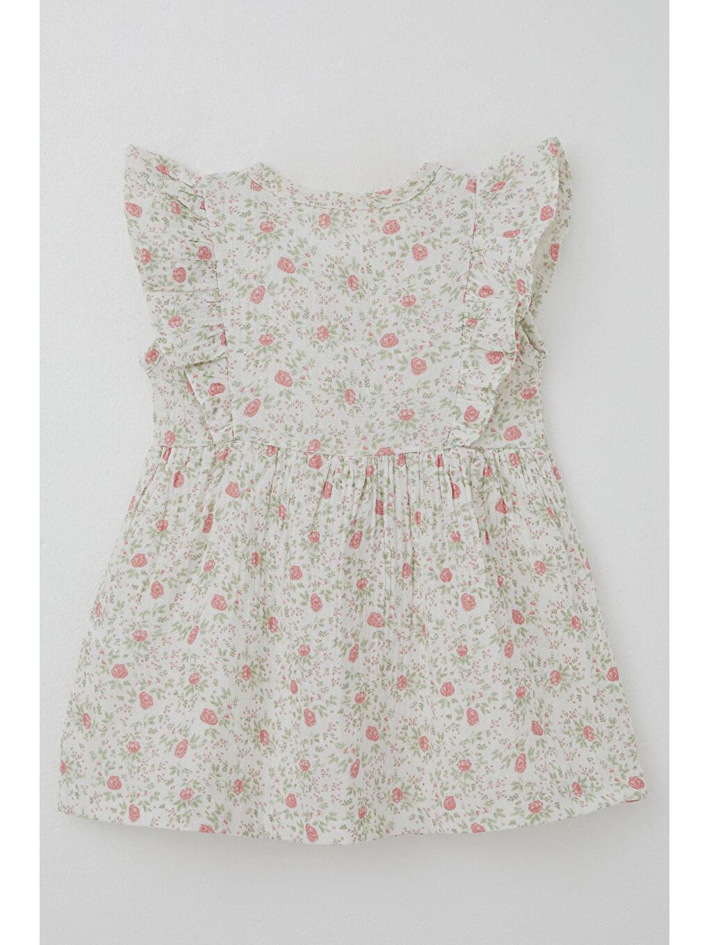 Kız Çocuk Elbise Çiçek Desenli Önden Düğme Detaylı Ekru (2-6 Yaş)-4