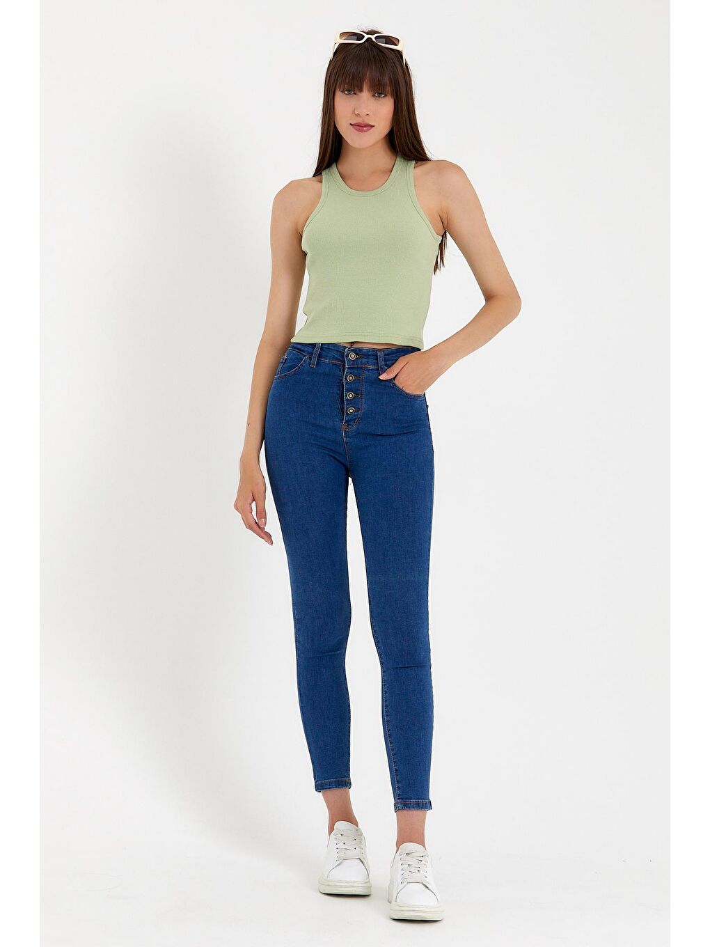 Turkuaz Kadın Crop Örme Arkası Yüksek Yaka Slim Fit Atlet-Tişort SPR21Y11-1