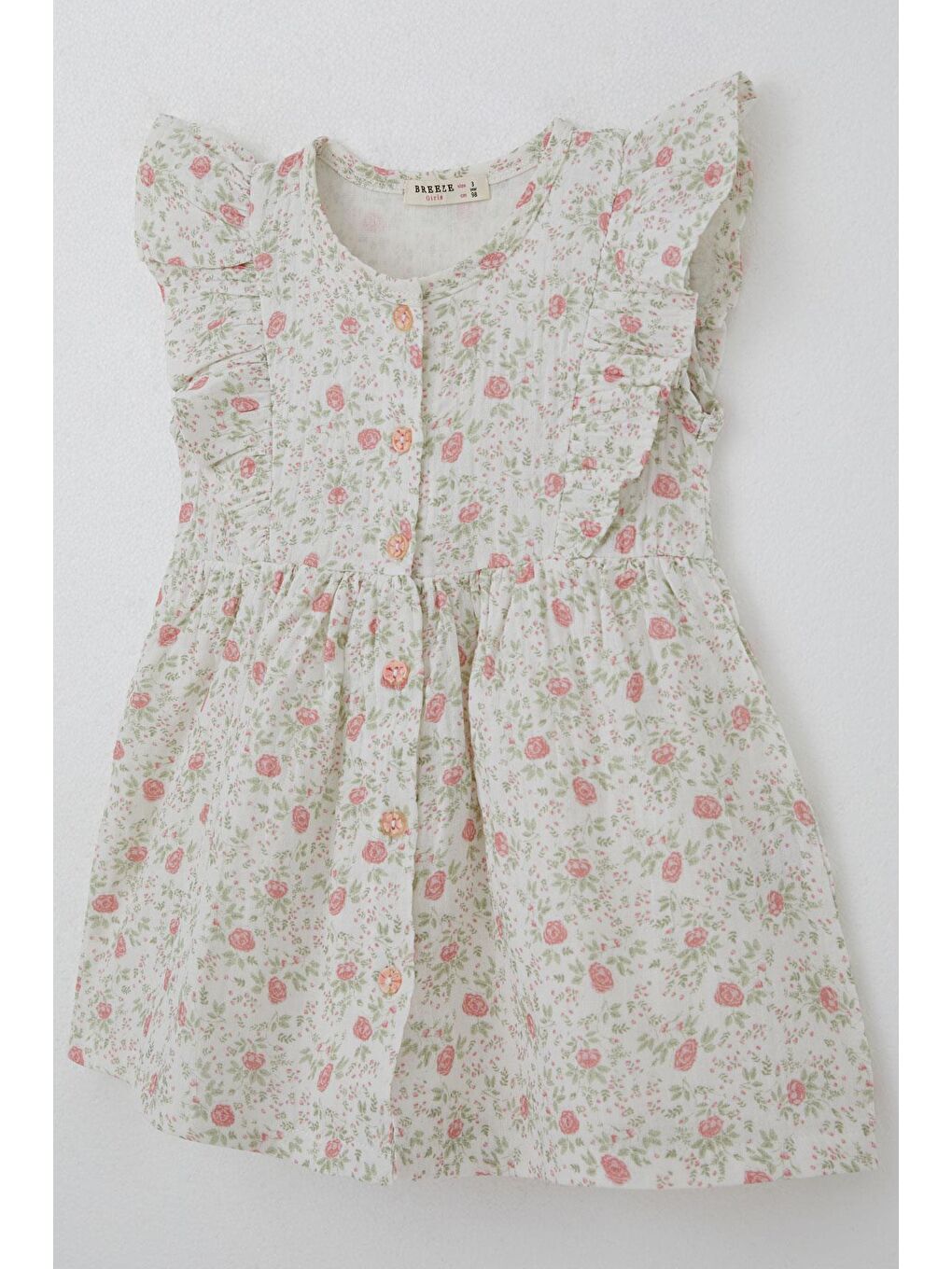 Kız Çocuk Elbise Çiçek Desenli Önden Düğme Detaylı Ekru (2-6 Yaş)-5
