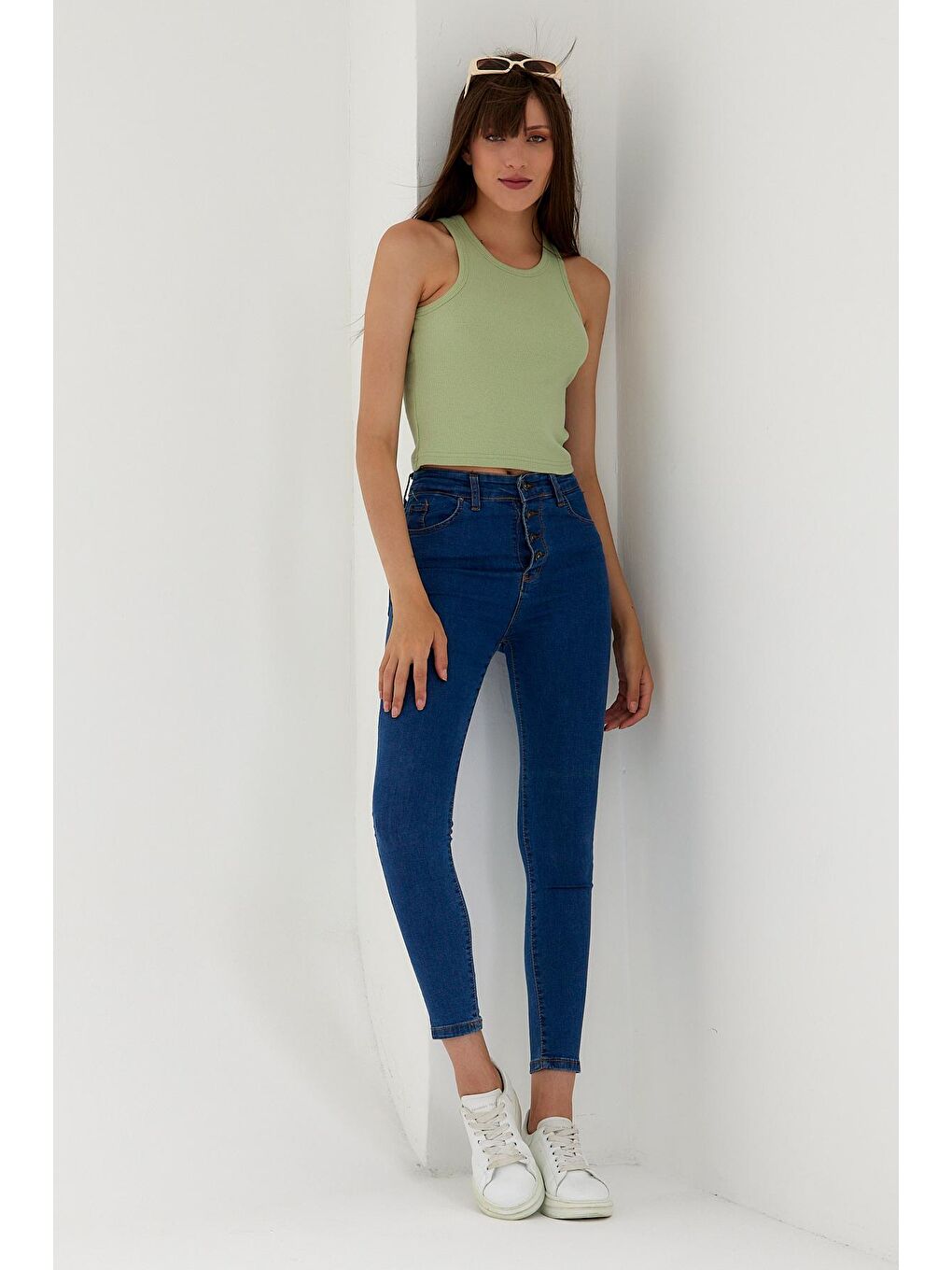 Turkuaz Kadın Crop Örme Arkası Yüksek Yaka Slim Fit Atlet-Tişort SPR21Y11-2