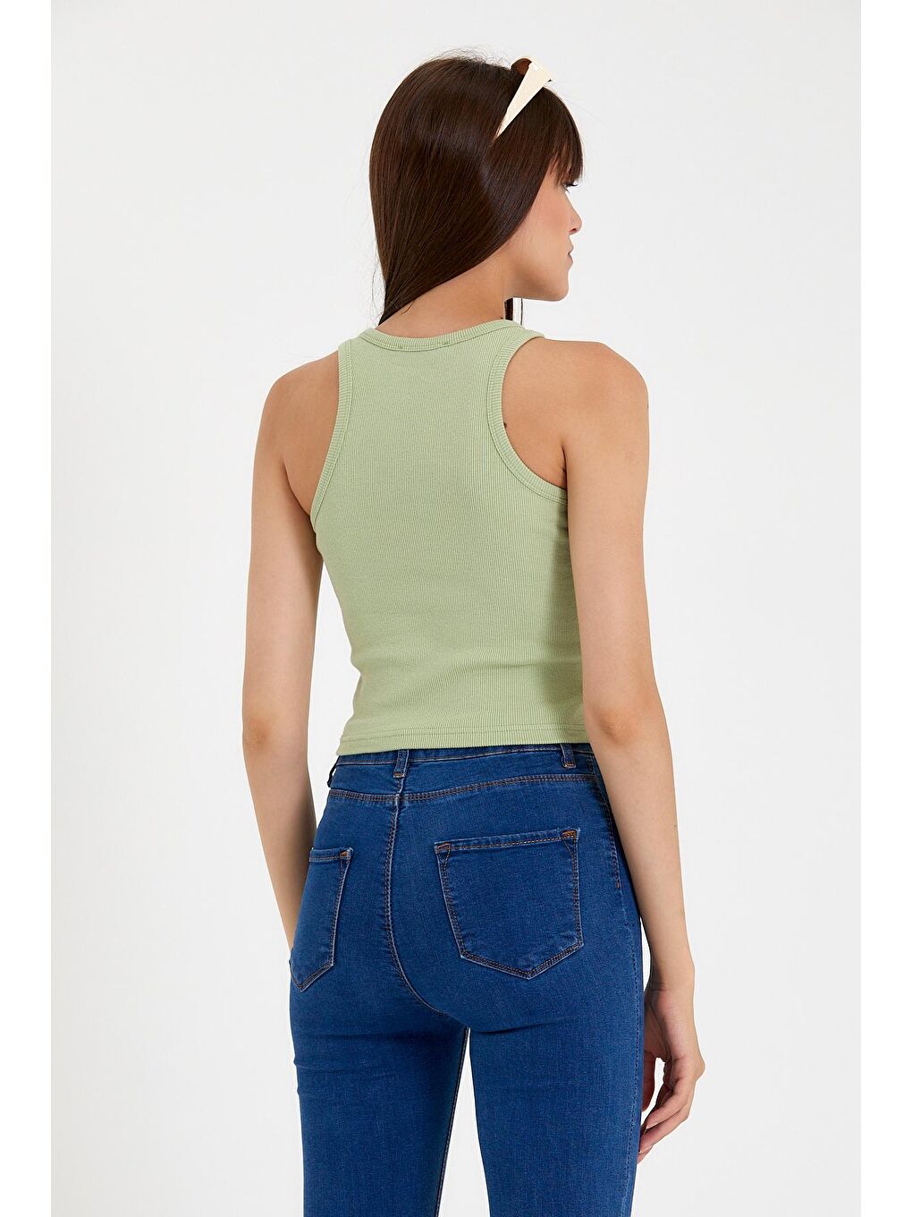 Turkuaz Kadın Crop Örme Arkası Yüksek Yaka Slim Fit Atlet-Tişort SPR21Y11-3