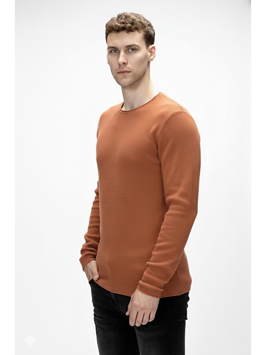 Kahverengi Tender Tarçın Bisiklet Yaka Erkek Triko Kazak-1