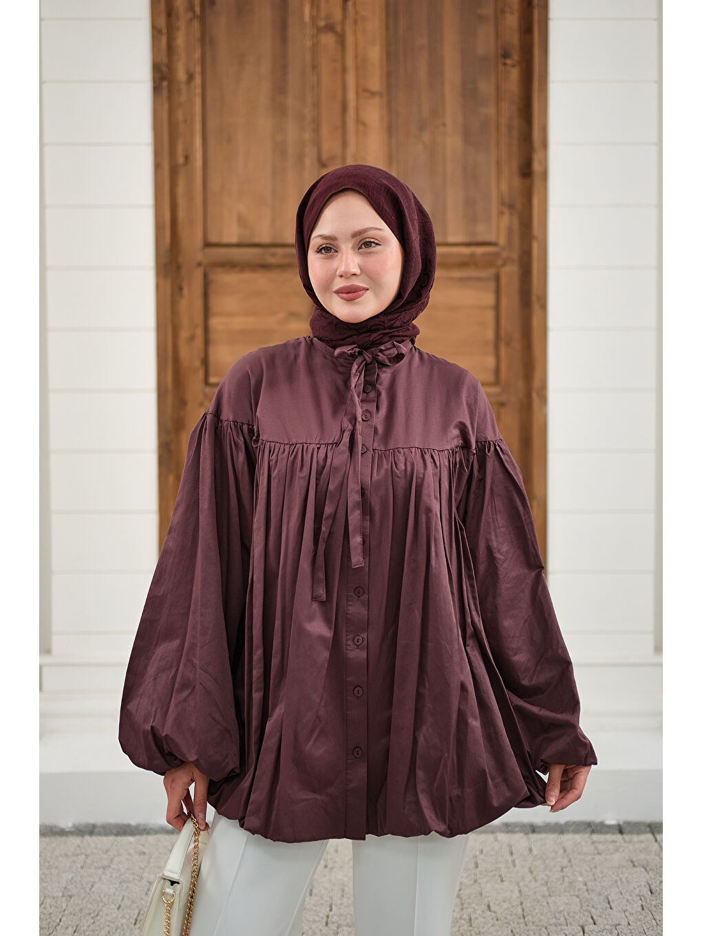 Kadın Etek Ucu Büzgülü Gömlek Bordo