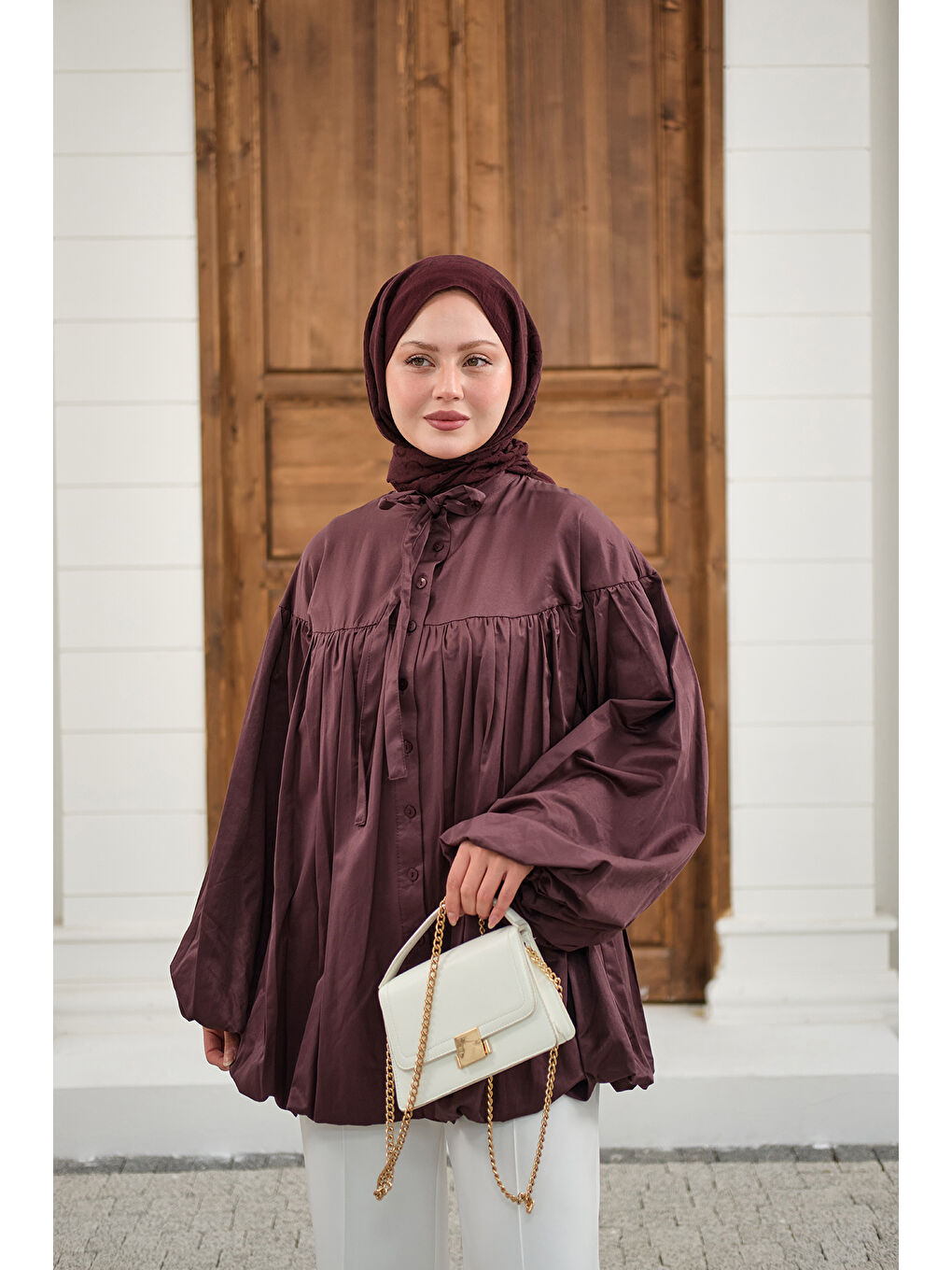 Kadın Etek Ucu Büzgülü Gömlek Bordo-1