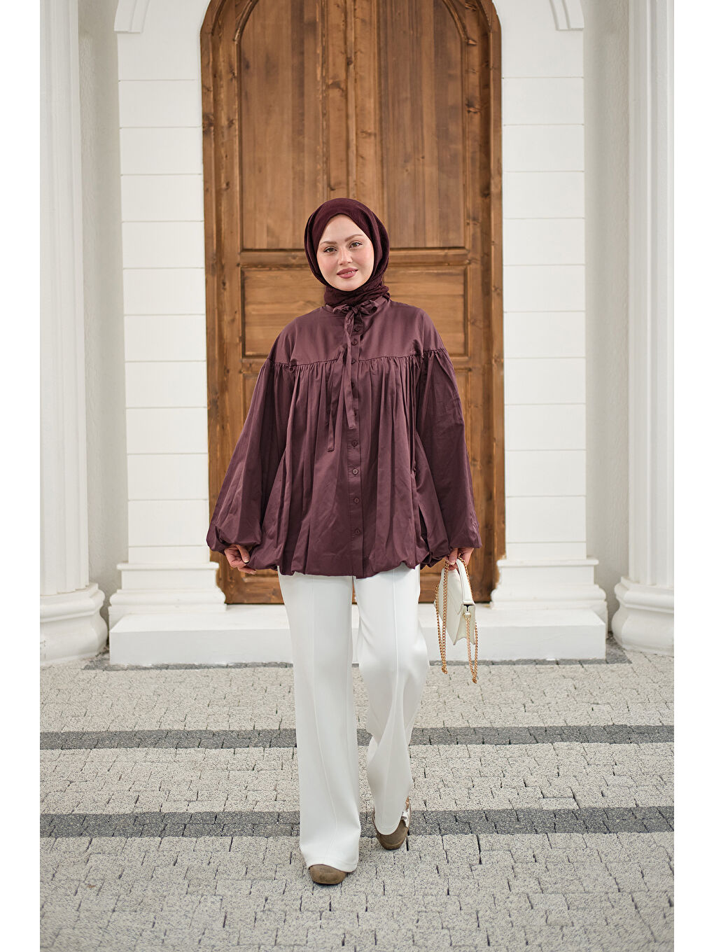 Kadın Etek Ucu Büzgülü Gömlek Bordo-2