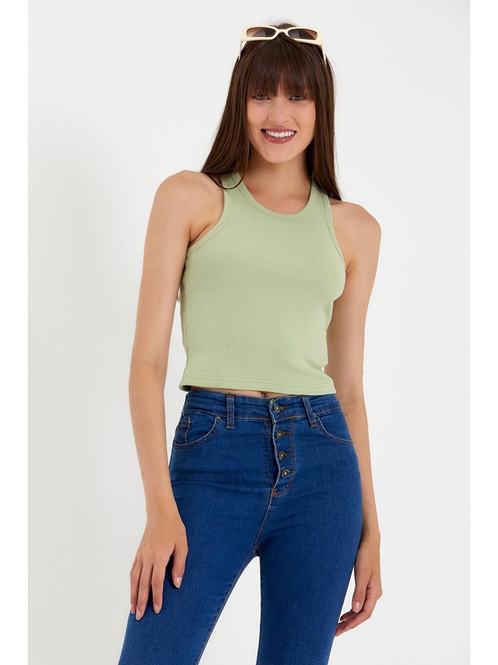 Turkuaz Kadın Crop Örme Arkası Yüksek Yaka Slim Fit Atlet-Tişort SPR21Y11-4