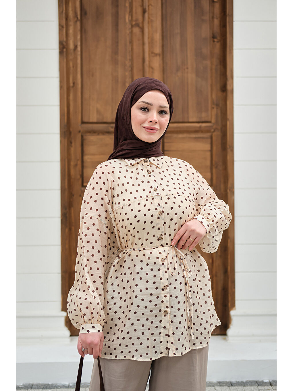 Ekru Kadın Puantiyeli Tül Detay Bel Bağlamalı Gömlek Krem