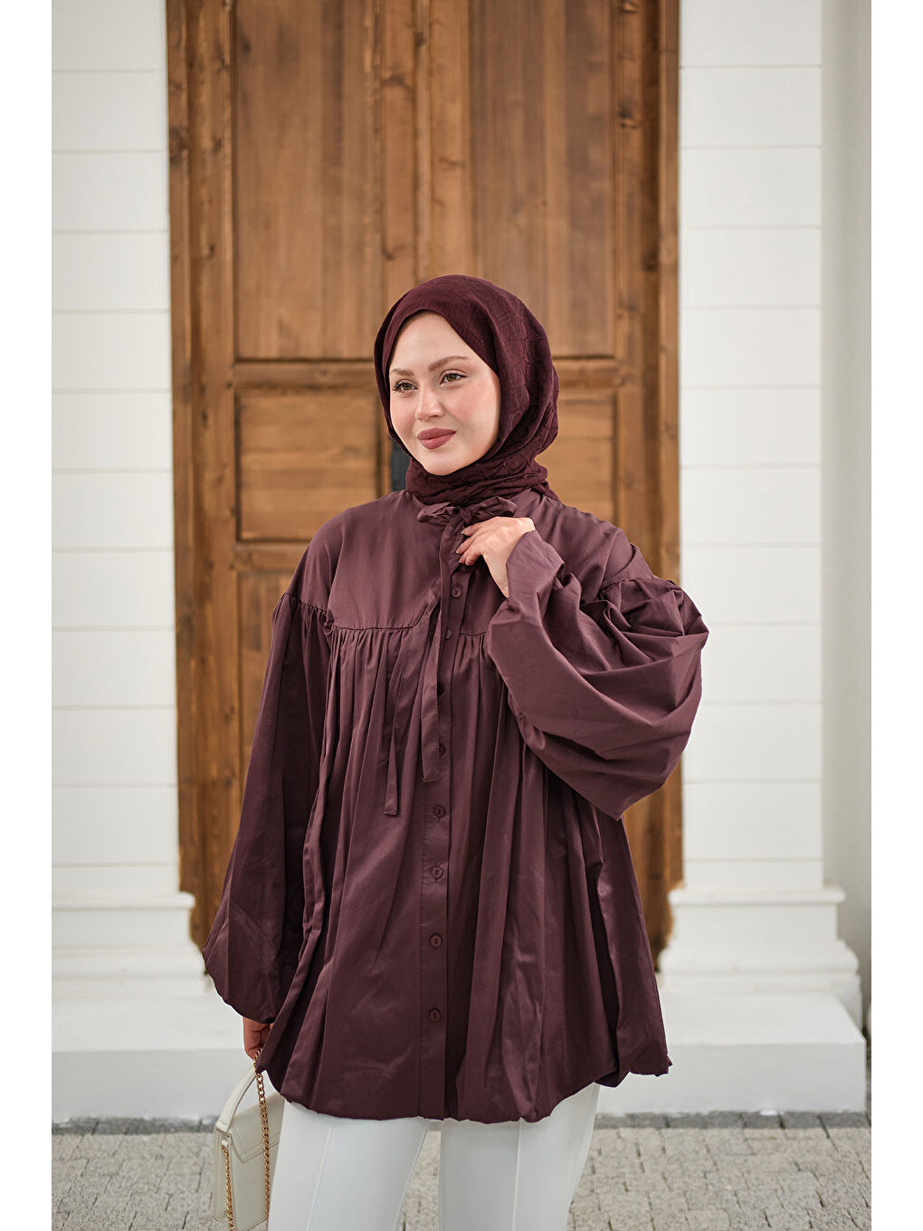 Kadın Etek Ucu Büzgülü Gömlek Bordo-3