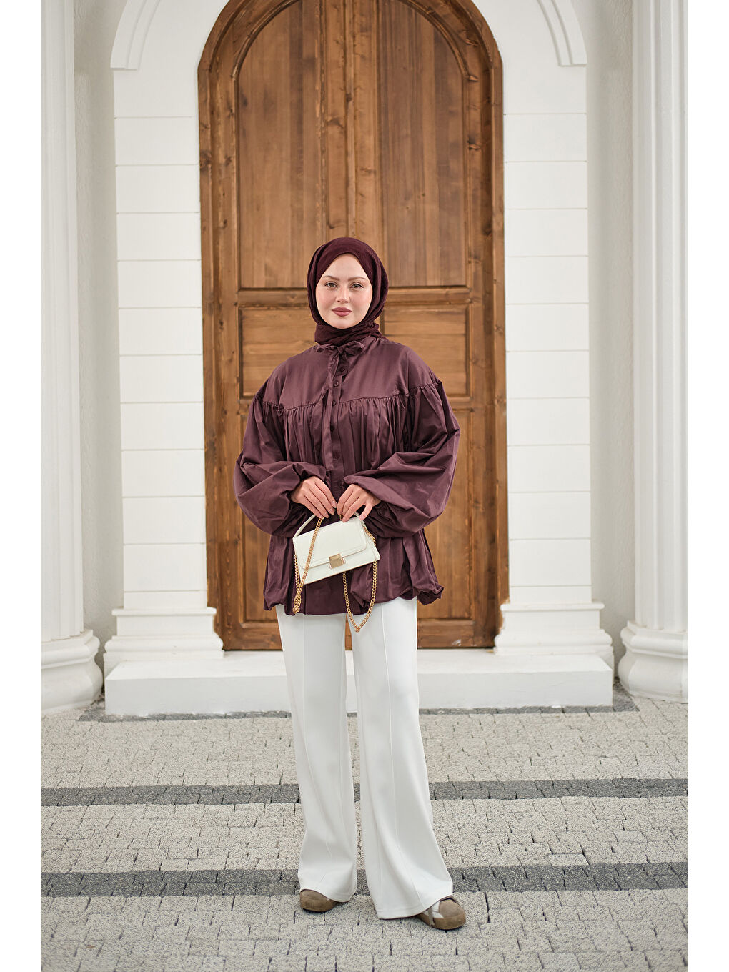 Kadın Etek Ucu Büzgülü Gömlek Bordo-4