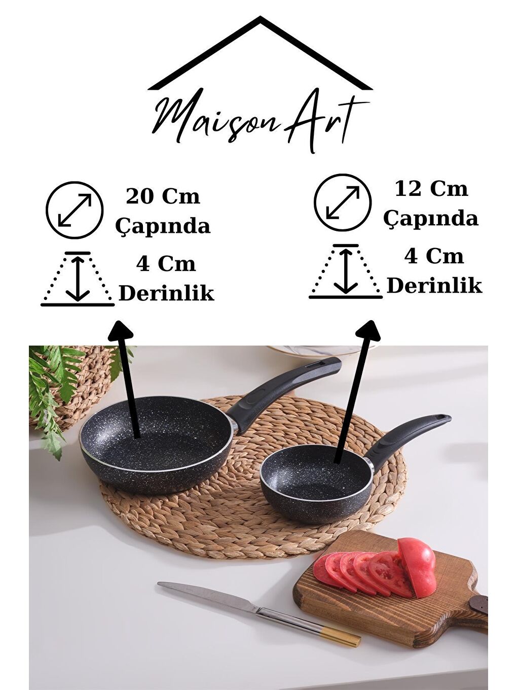 MaisonArt Siyah 12 Cm Sos Tavası ve 20 Cm Tava Omlet Tavası Seti Granit Tava Yanmaz Yapışmaz - 2