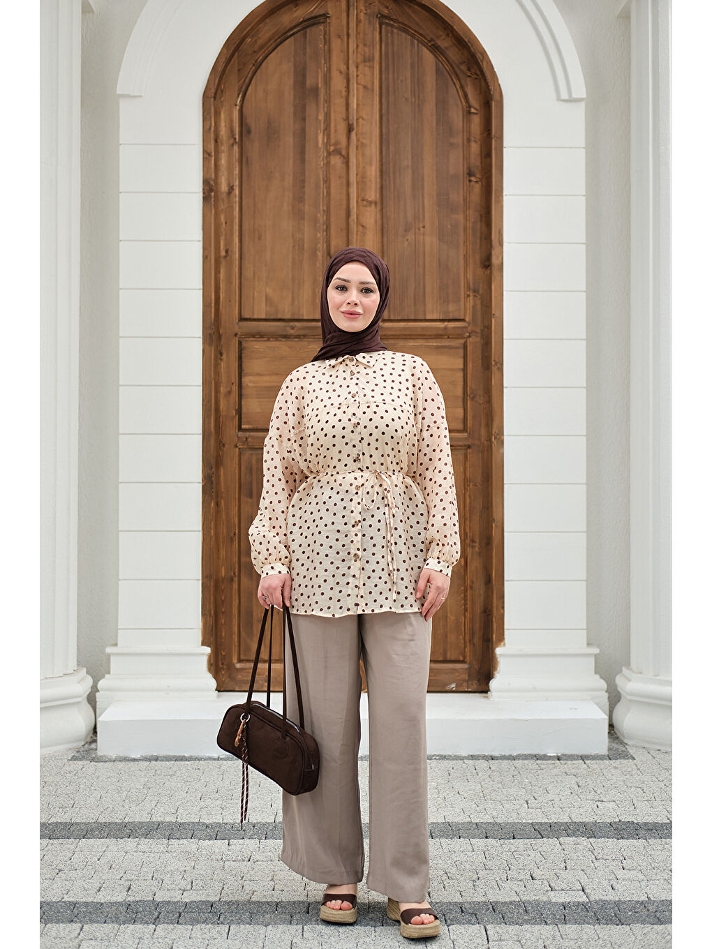 Ekru Kadın Puantiyeli Tül Detay Bel Bağlamalı Gömlek Krem-2