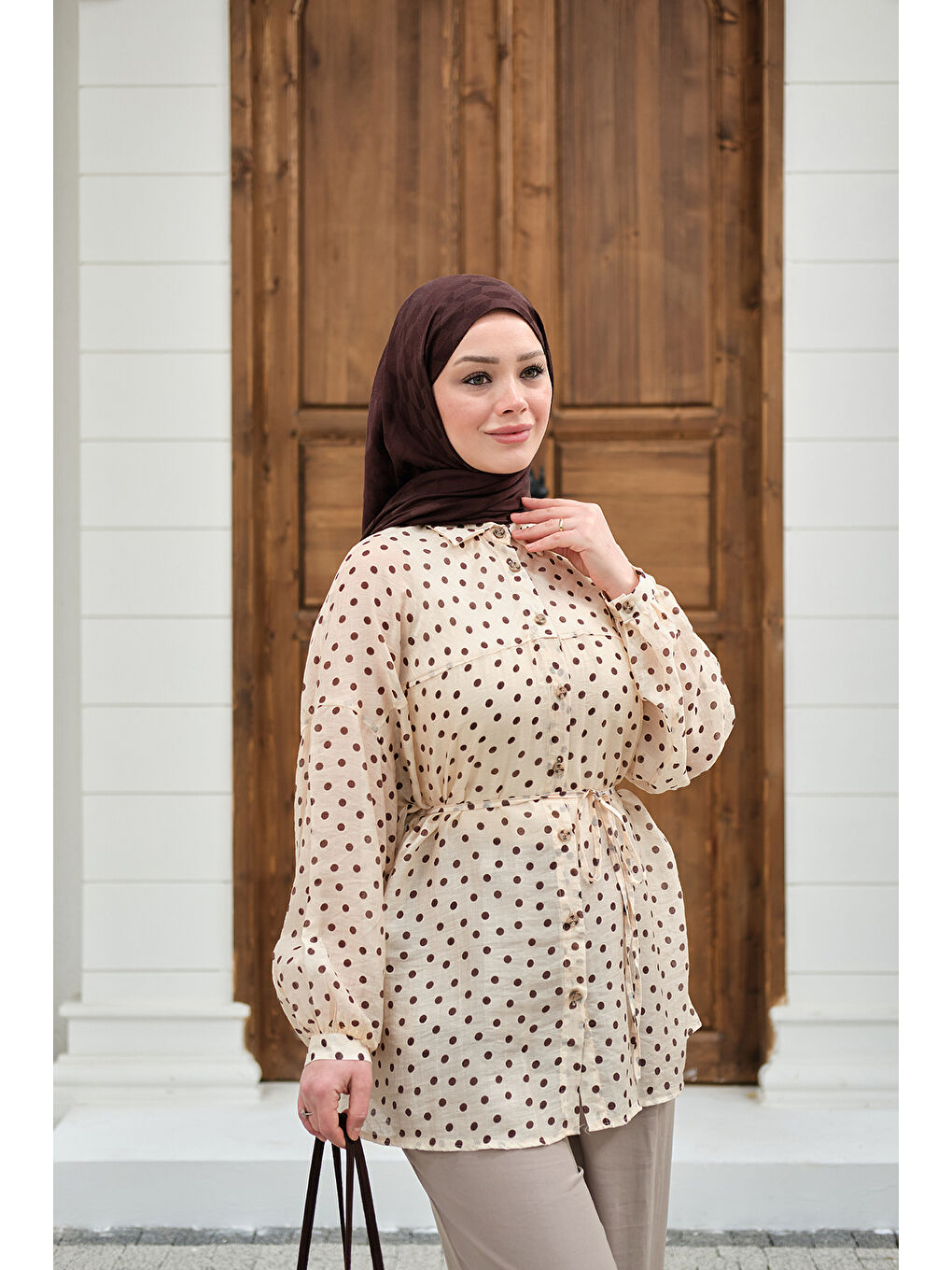 Ekru Kadın Puantiyeli Tül Detay Bel Bağlamalı Gömlek Krem-3