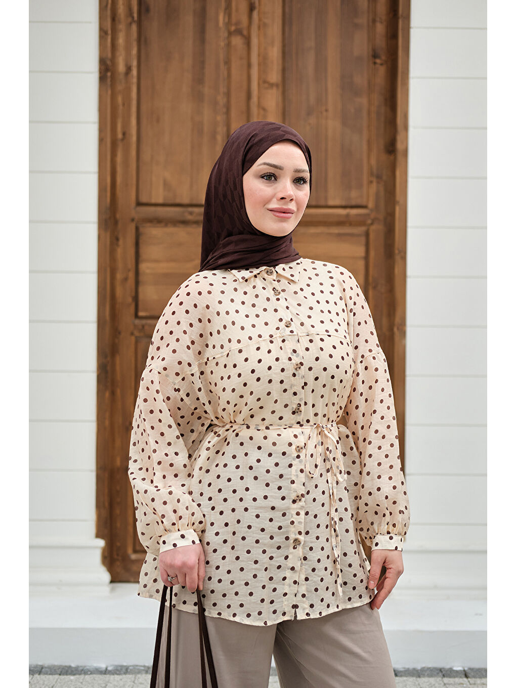 Ekru Kadın Puantiyeli Tül Detay Bel Bağlamalı Gömlek Krem-4