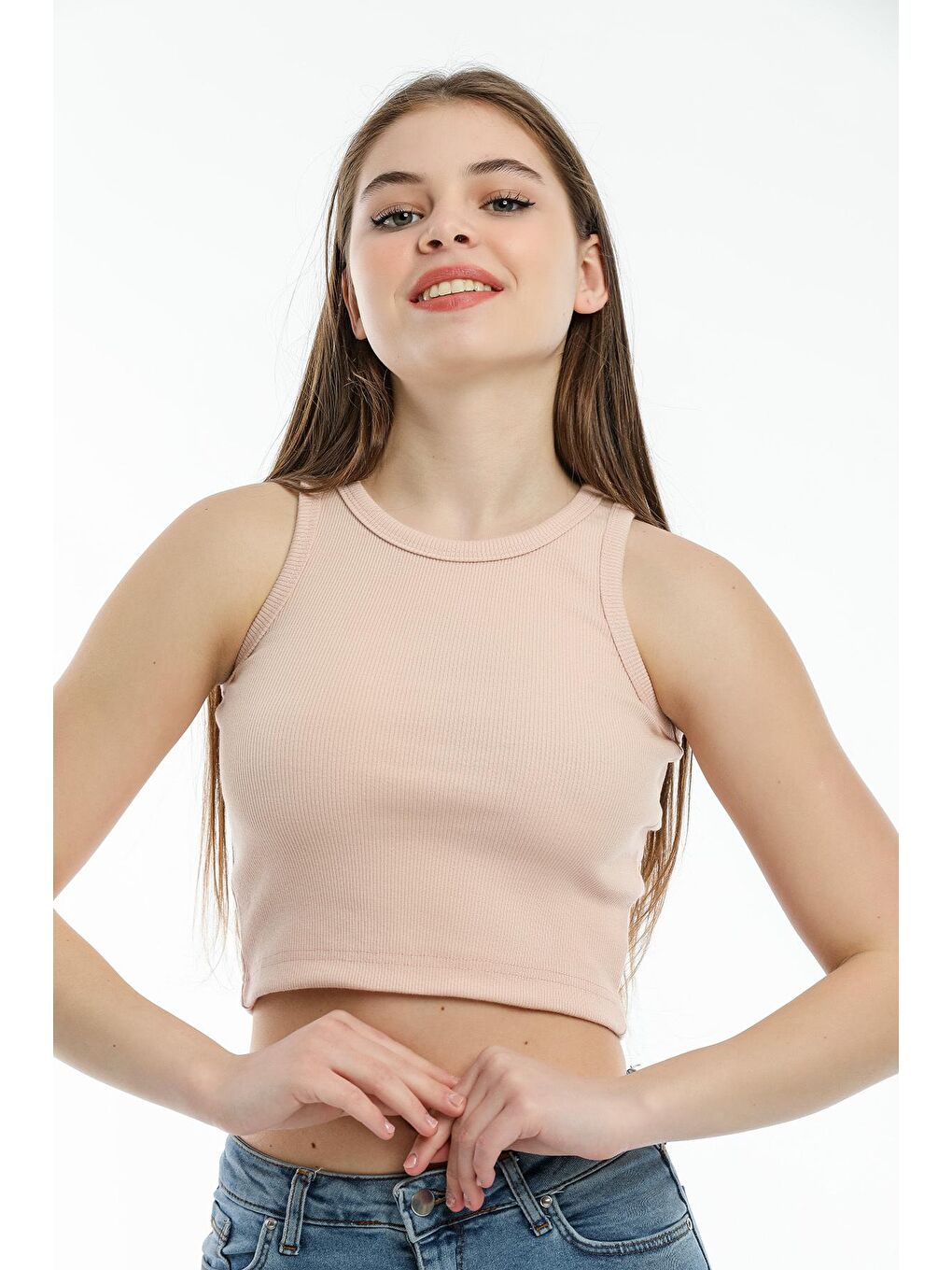 Pembe Kadın Crop Örme Arkası Yüksek Yaka Slim Fit Atlet-Tişort SPR21Y11