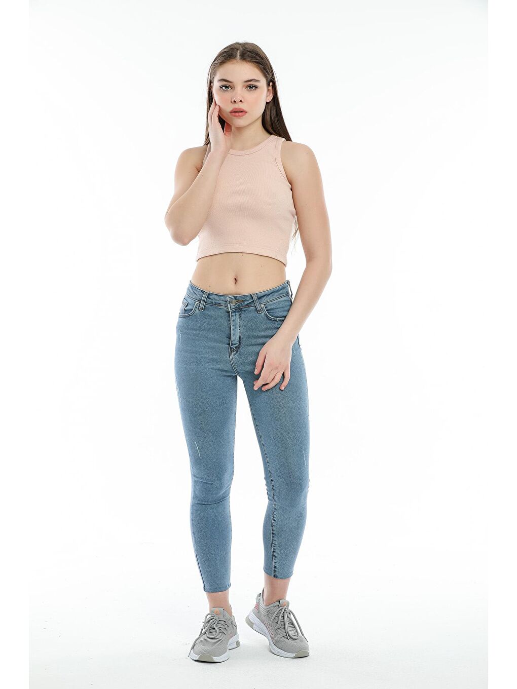 Pembe Kadın Crop Örme Arkası Yüksek Yaka Slim Fit Atlet-Tişort SPR21Y11-1
