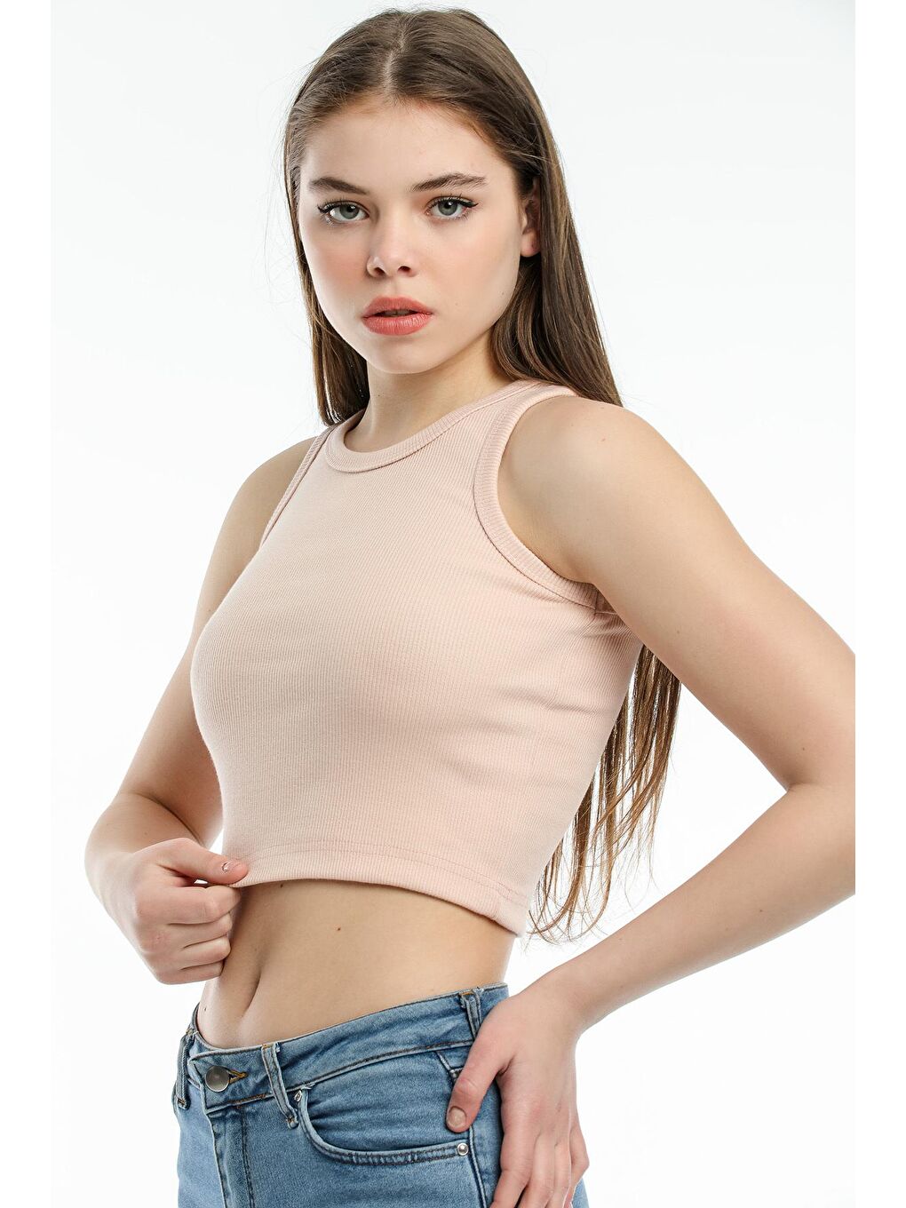 Pembe Kadın Crop Örme Arkası Yüksek Yaka Slim Fit Atlet-Tişort SPR21Y11-2