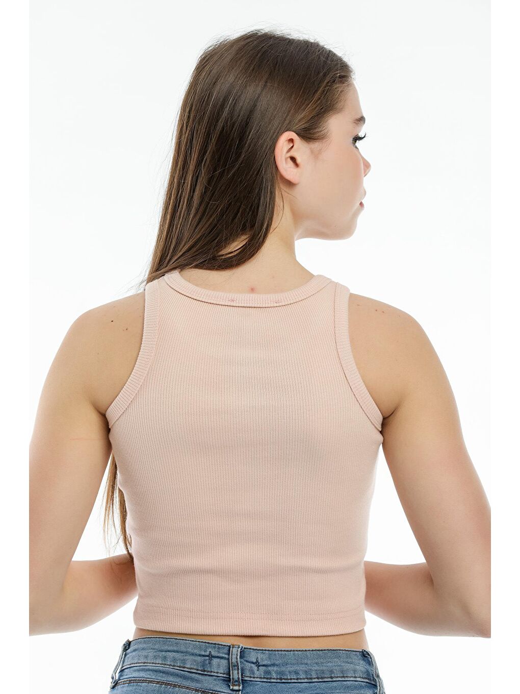 Pembe Kadın Crop Örme Arkası Yüksek Yaka Slim Fit Atlet-Tişort SPR21Y11-3