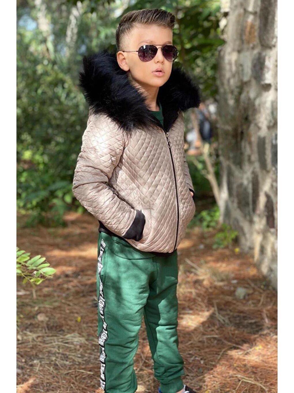 Erkek Çocuk New İçi Kürk Montlu ve Bereli Şerit Detaylı Yeşil Eşofman Takım-4