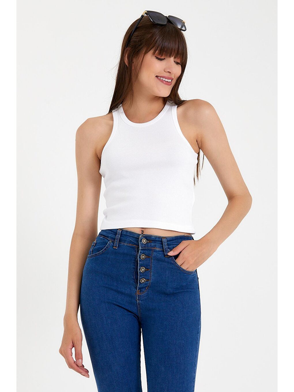 Beyaz Kadın Crop Örme Arkası Yüksek Yaka Slim Fit Atlet-Tişort SPR21Y11-3