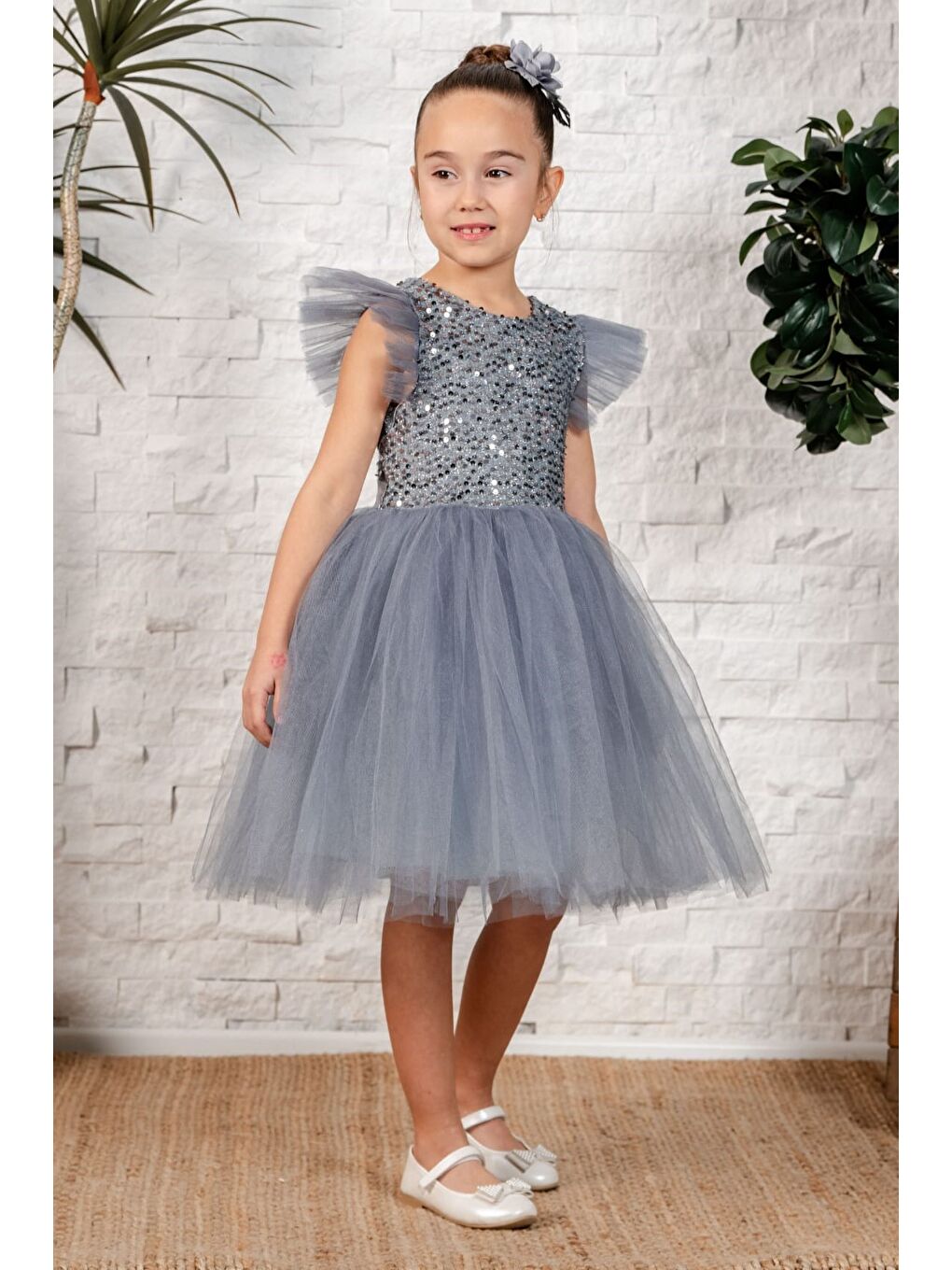 Gri Tüllü Kız Çocuk KPL Elbise MNK0526-3