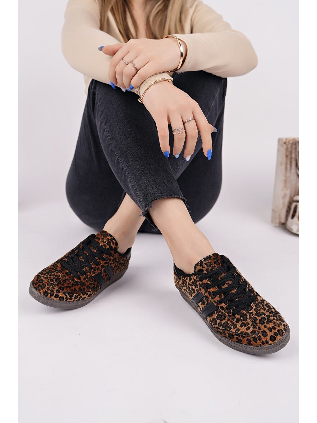 Sarı LEOPARD Kadın Ortopedik Günlük Bağcıklı Yürüyüş Leopar Desenli Sneaker Spor Ayakkabı-4
