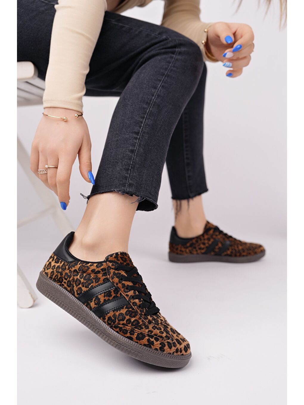 Sarı LEOPARD Kadın Ortopedik Günlük Bağcıklı Yürüyüş Leopar Desenli Sneaker Spor Ayakkabı-5
