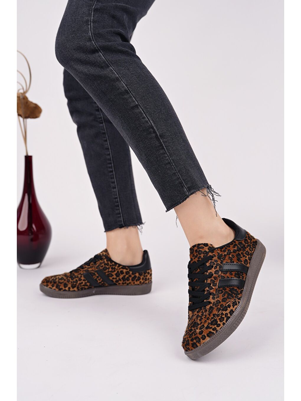 Sarı LEOPARD Kadın Ortopedik Günlük Bağcıklı Yürüyüş Leopar Desenli Sneaker Spor Ayakkabı-6