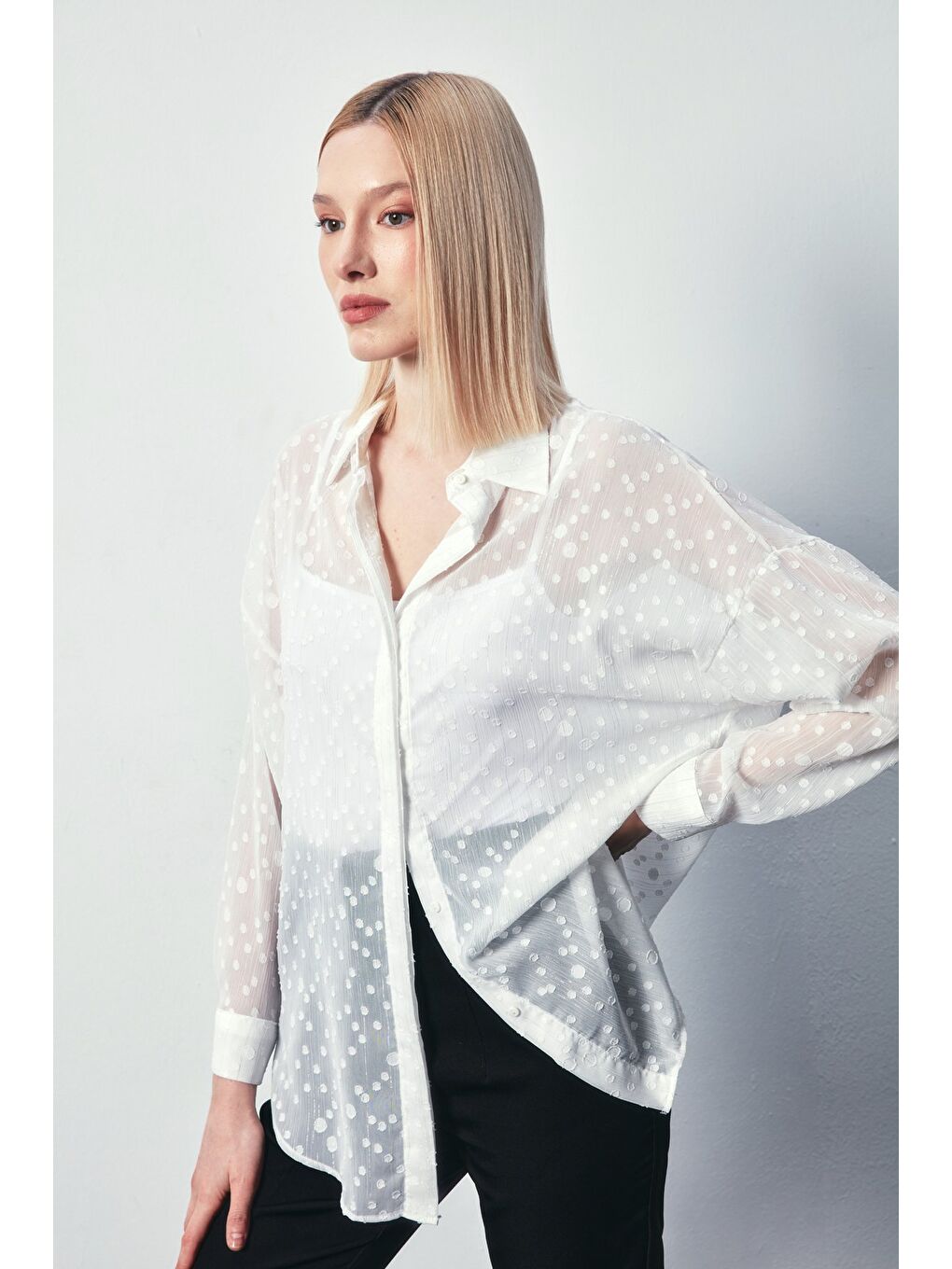 Desenli Uzun Gömlek - Ekru-1